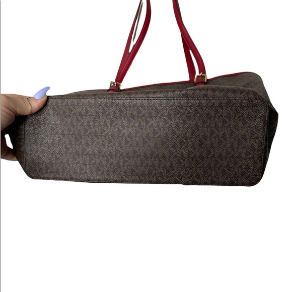 Michael Kors Jet Set Travel Medium Carryall Tote Brown MK Signature Scarlet Red - Picture 7 of 12